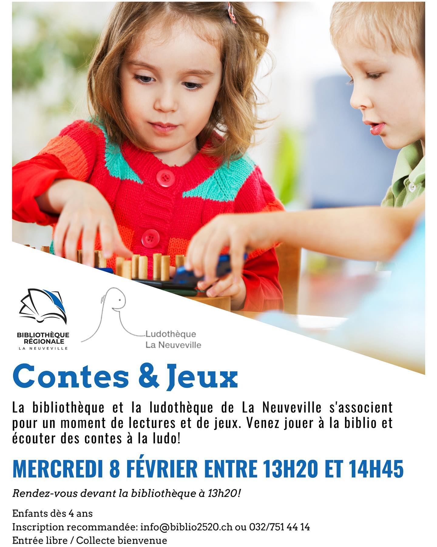 Venez jouer à la biblio et écouter des contes à la ludo 🤩
Le mercredi 8 février, de 13h20 à 14h45, les deux institutions de La Neuveville s’unissent pour proposer un programme ludique aux enfants dès 4 ans. Ne manquez pas ce rendez-vous!
#bibliothequelaneuveville #ludothequelaneuveville #ludolaneuveville #laneuveville #contes #jeux