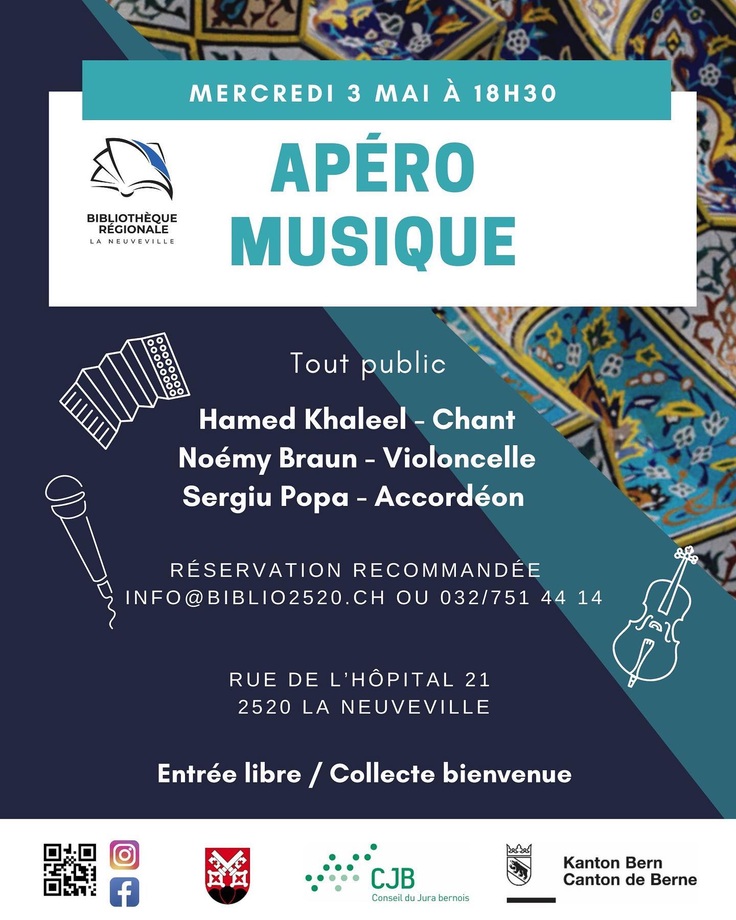 Apéro concert à la biblio 🎉
Ne manquez pas cette occasion unique d’écouter le trio musical composé de Noémy Braun (violoncelle), Sergiu Popa (accordéon) et Hamed Khaleel (chant). Ambiance chaleureuse et festive assurée 🪗
📆 Rendez-vous le mercredi 3 mai à 18h30
Inscription recommandée par courriel à info@biblio2520.ch ou téléphone: 032/751 44 14
Entrée libre / Collecte bienvenue