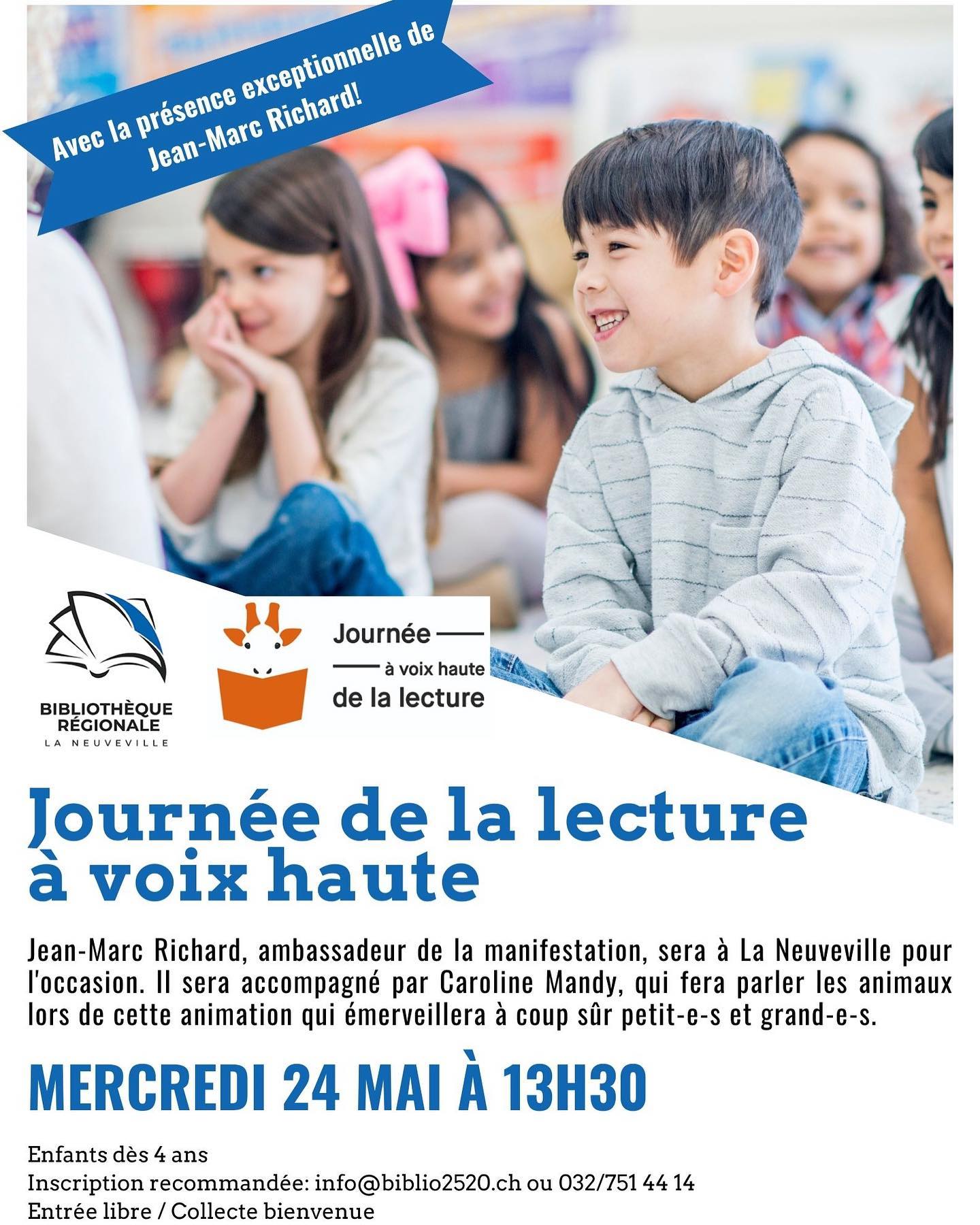 Pour célébrer la Journée de la lecture à voix haute, la bibliothèque de La Neuveville a la chance de recevoir Jean-Marc Richard, ambassadeur de la manifestation. Il sera accompagné par Caroline Mandy, qui vous propose d’écouter plusieurs histoires d’animaux. Une animation qui émerveillera à coup sûr petit-e-s et grand-e-s.
Rendez-vous le mercredi 24 mai à 13h30!
📩 Inscription recommandée par courriel à info@biblio2520.ch ou téléphone: 032/751 44 14
🎈 Entrée libre / Collecte bienvenue
🧒 Enfants dès 4 ans
#bibliothequelaneuveville #lectureavoixhaute #jeanmarcrichard